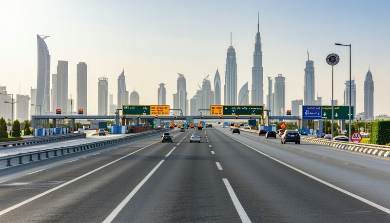 Dubai city highway with toll gates and modern skyline in the background Dubai city highway with toll gates and modern skyline in the background