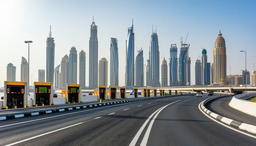 Dubai skyline with modern roads and electronic toll gates Dubai skyline with modern roads and electronic toll gates